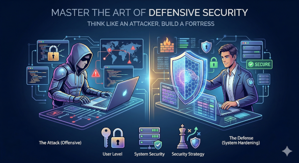 Split screen illustration of an ethical hacker and a security professional defending a digital shield.